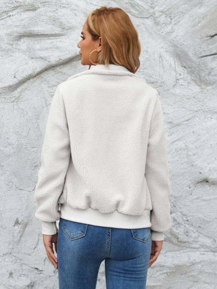 Zip Up Collared Neck Long Sleeve Jacket - Outerwear