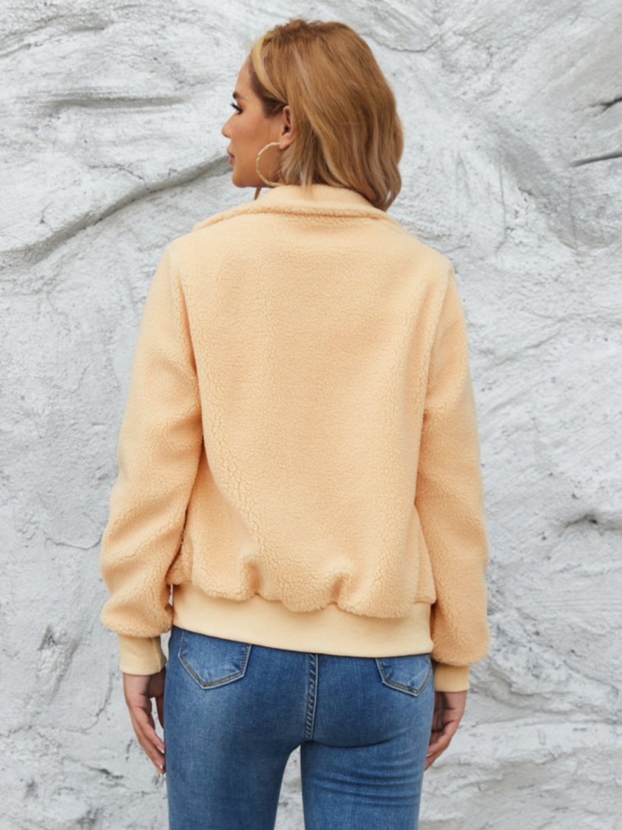 Zip Up Collared Neck Long Sleeve Jacket - Outerwear