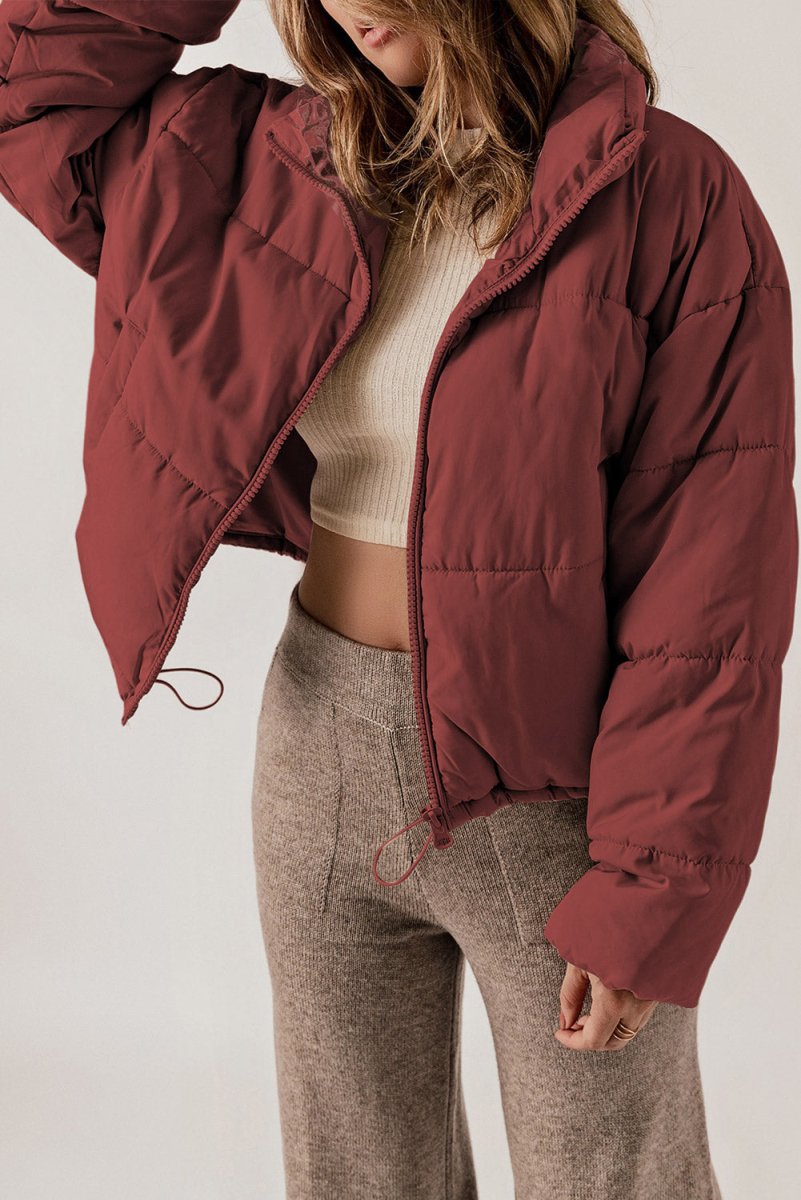 Zip Up Collared Neck Long Sleeve Winter Coat - Outerwear