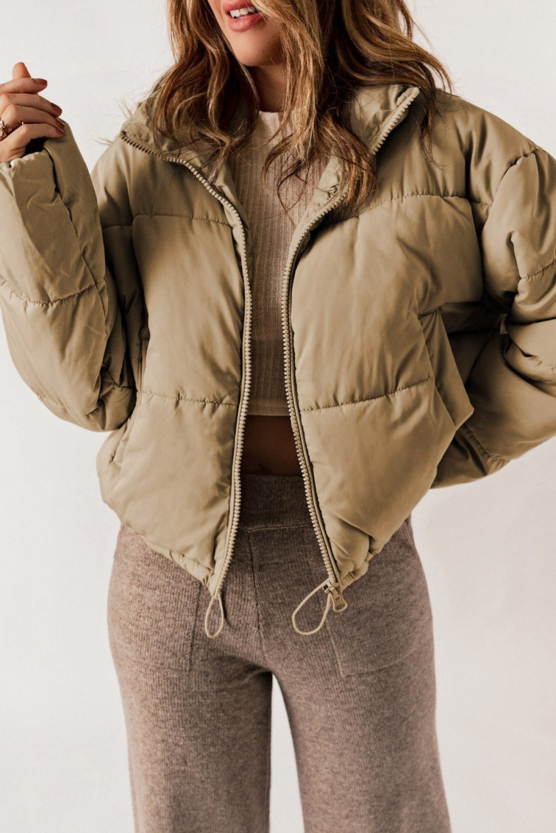 Zip Up Collared Neck Long Sleeve Winter Coat - Outerwear