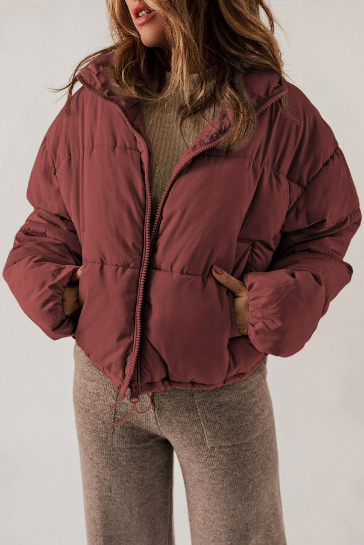 Zip Up Collared Neck Long Sleeve Winter Coat - Outerwear