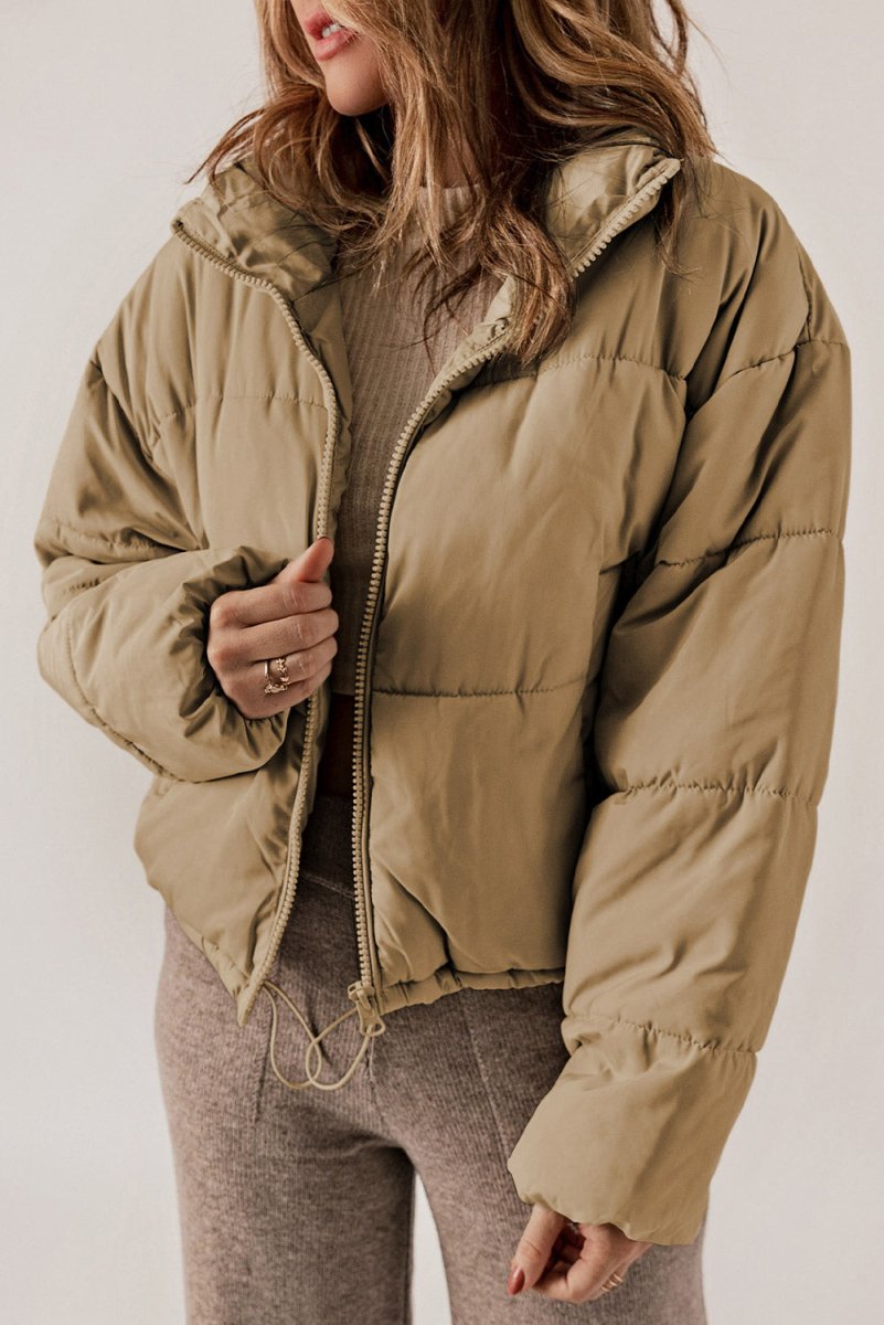 Zip Up Collared Neck Long Sleeve Winter Coat - Outerwear