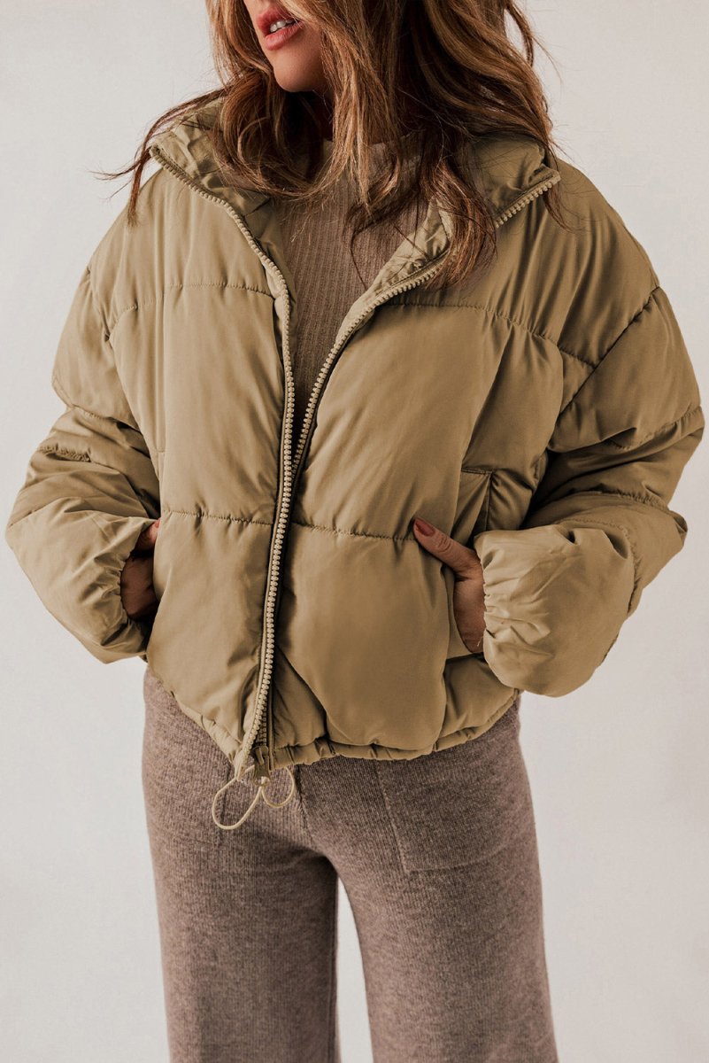 Zip Up Collared Neck Long Sleeve Winter Coat - Outerwear