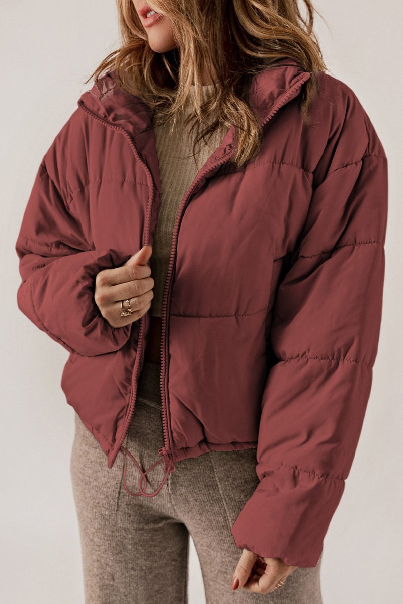 Zip Up Collared Neck Long Sleeve Winter Coat - Outerwear