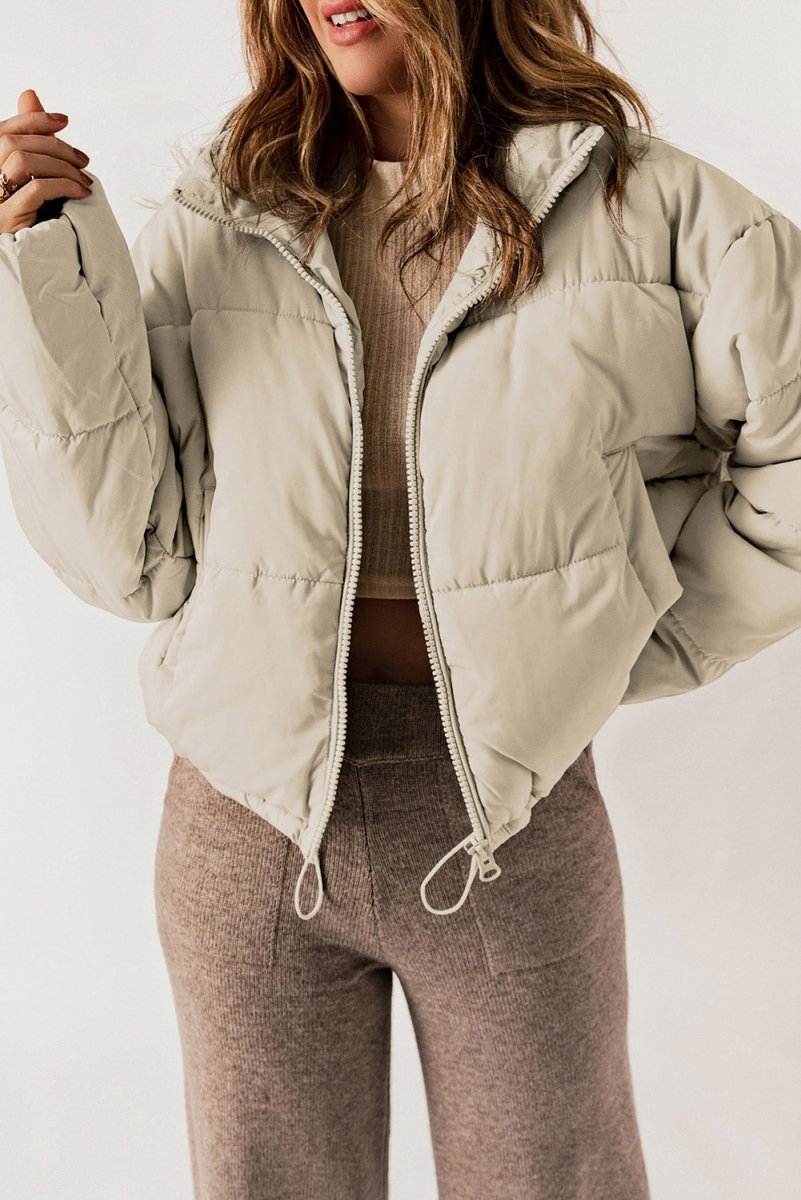 Zip Up Collared Neck Long Sleeve Winter Coat - Outerwear