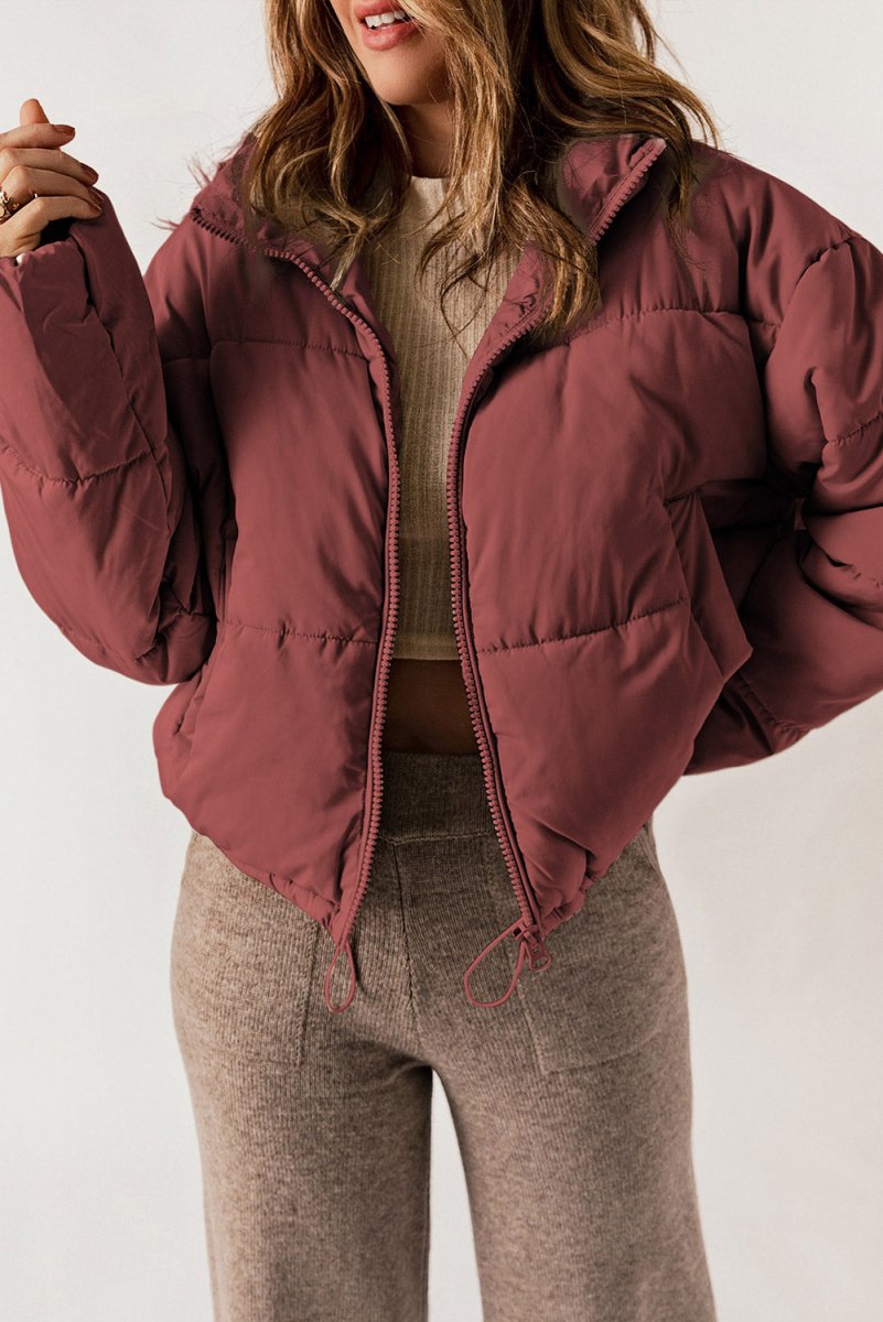 Zip Up Collared Neck Long Sleeve Winter Coat - Outerwear