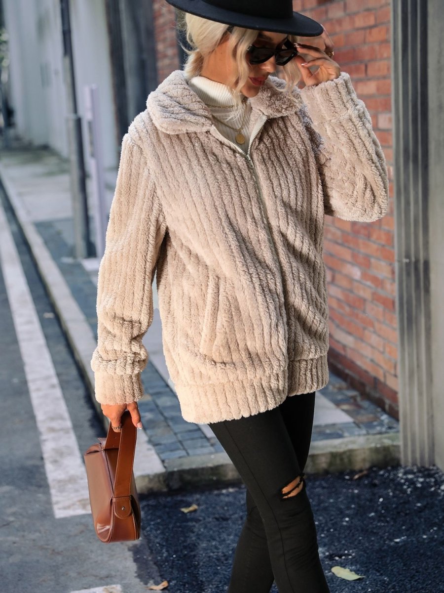 Zip - Up Collared Ribbed Jacket - Outerwear