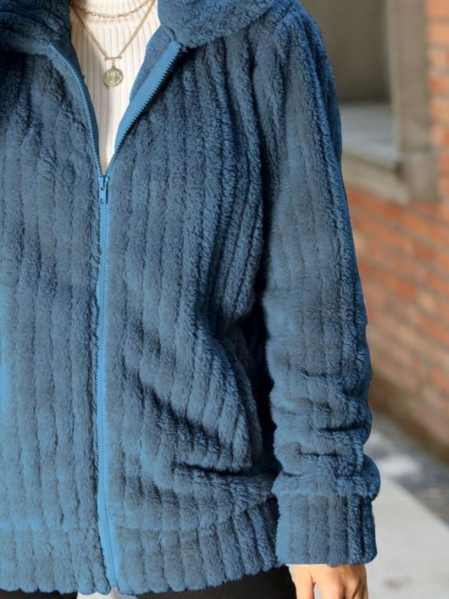 Zip - Up Collared Ribbed Jacket - Outerwear