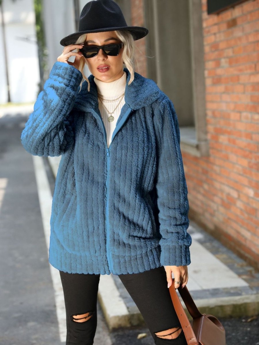 Zip - Up Collared Ribbed Jacket - Outerwear