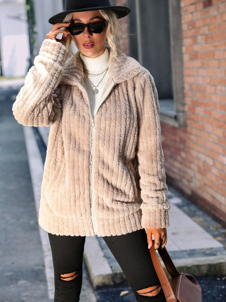 Zip - Up Collared Ribbed Jacket - Outerwear