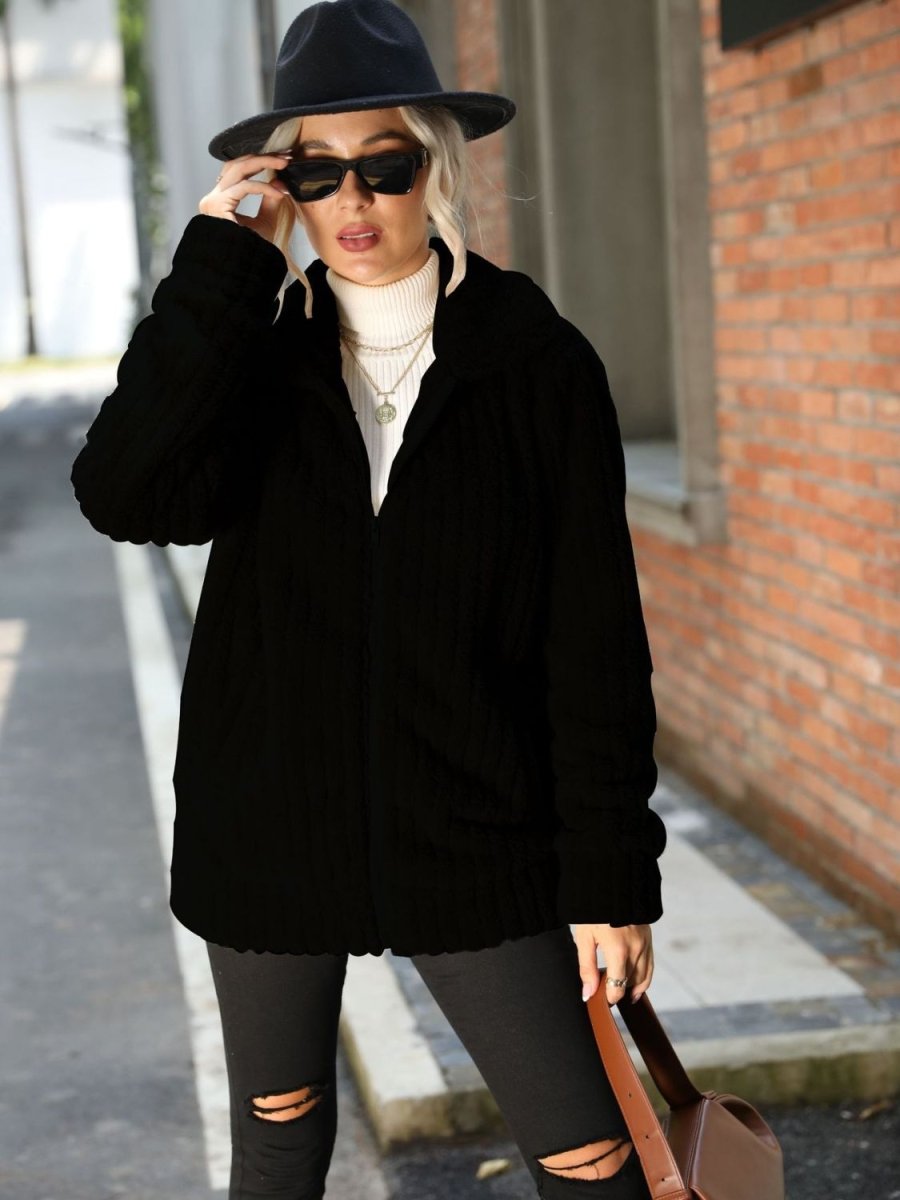 Zip - Up Collared Ribbed Jacket - Outerwear