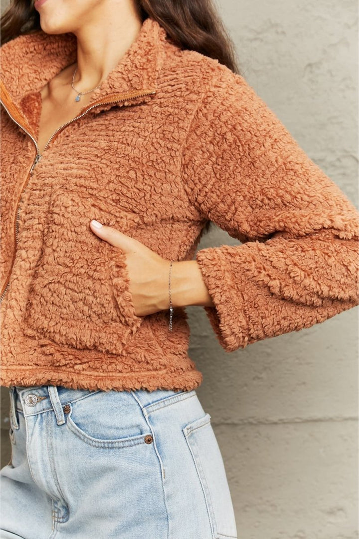 Zip - Up Collared Teddy Jacket - Outerwear