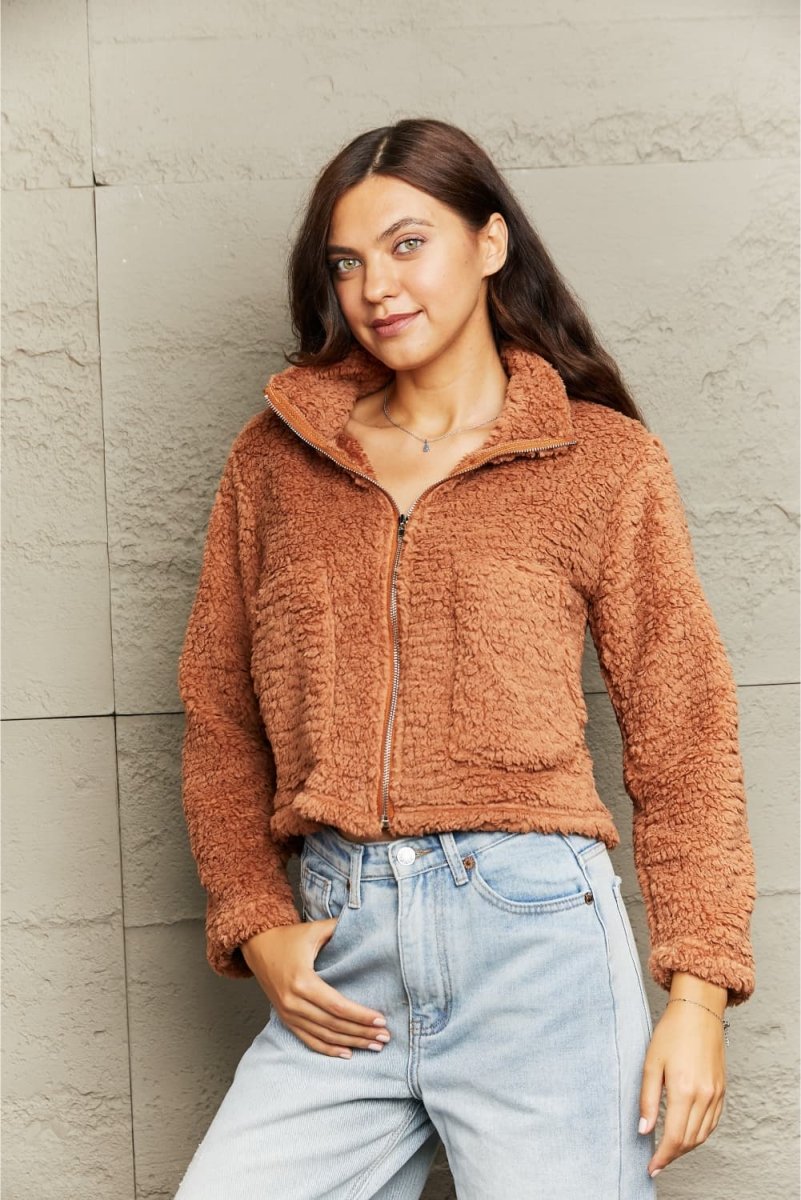 Zip - Up Collared Teddy Jacket - Outerwear