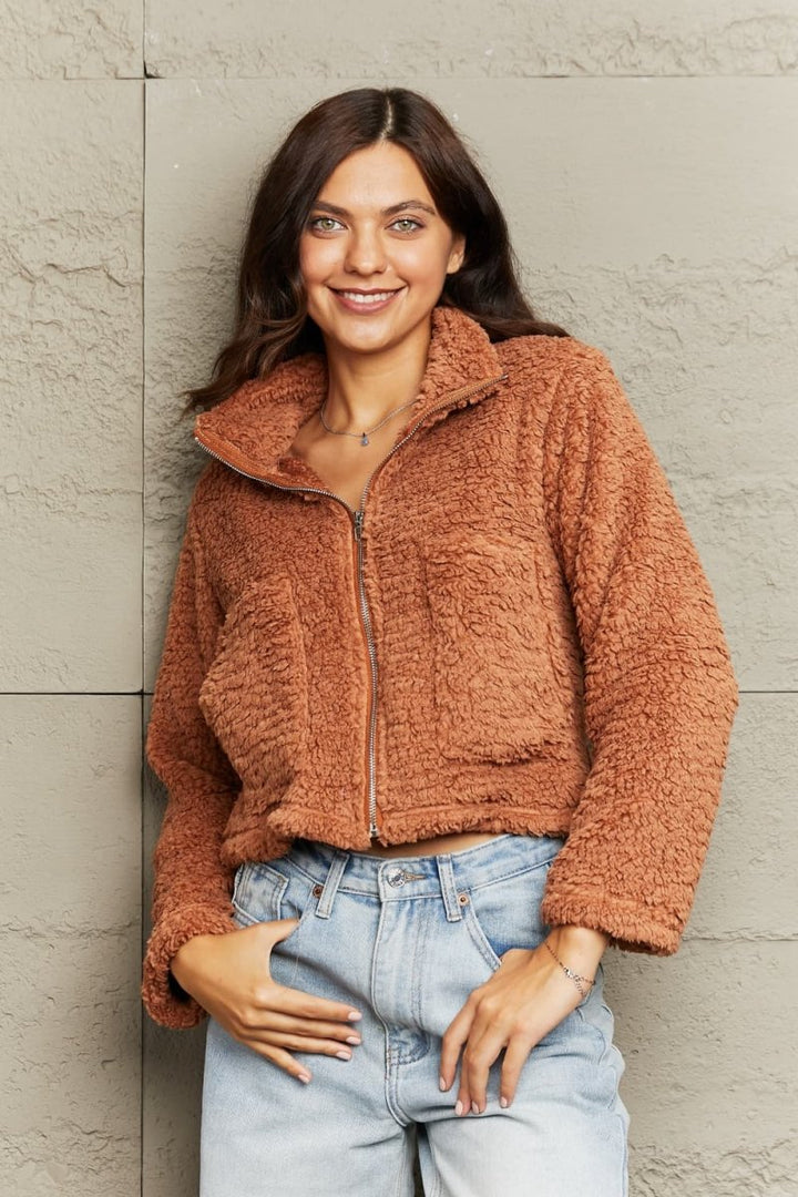 Zip - Up Collared Teddy Jacket - Outerwear
