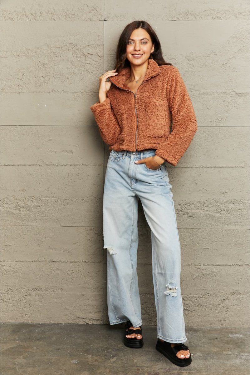 Zip - Up Collared Teddy Jacket - Outerwear