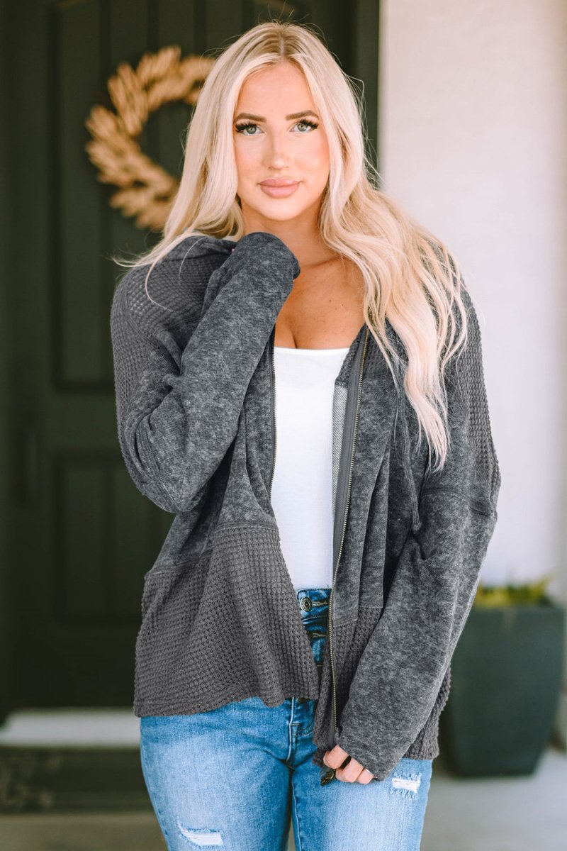 Zip - Up Drawstring Hooded Jacket - Outerwear