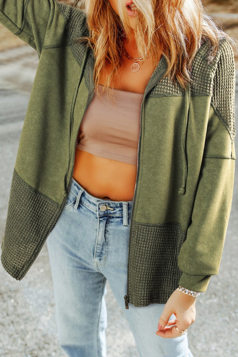 Zip - Up Drawstring Hooded Jacket - Outerwear