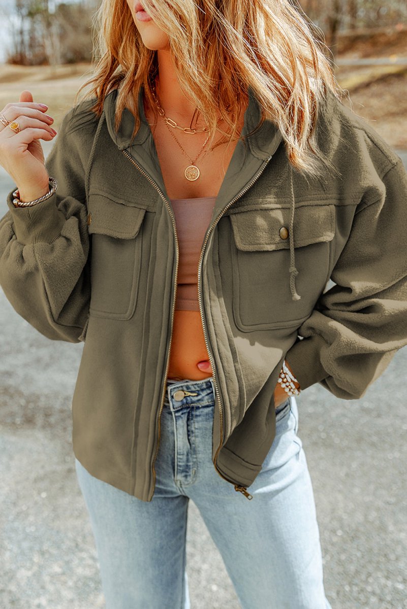 Zip - Up Drawstring Hooded Jacket - Outerwear