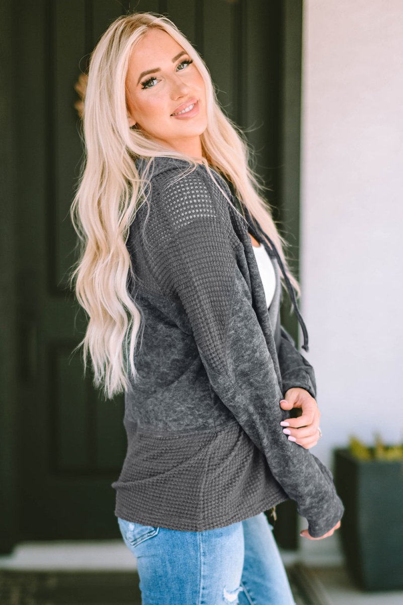 Zip - Up Drawstring Hooded Jacket - Outerwear