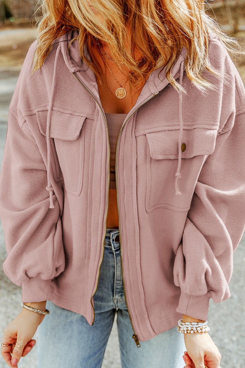 Zip - Up Drawstring Hooded Jacket - Outerwear