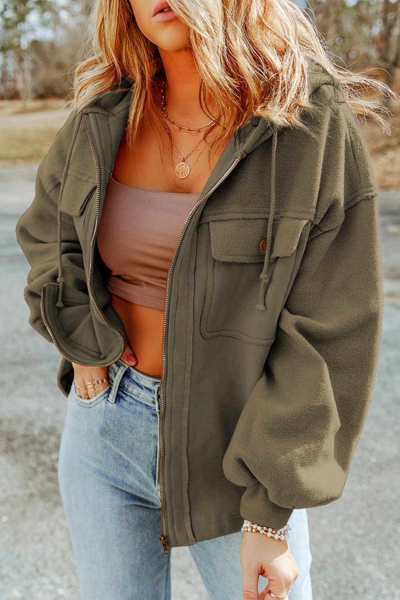 Zip - Up Drawstring Hooded Jacket - Outerwear