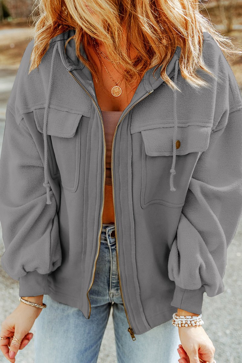 Zip - Up Drawstring Hooded Jacket - Outerwear