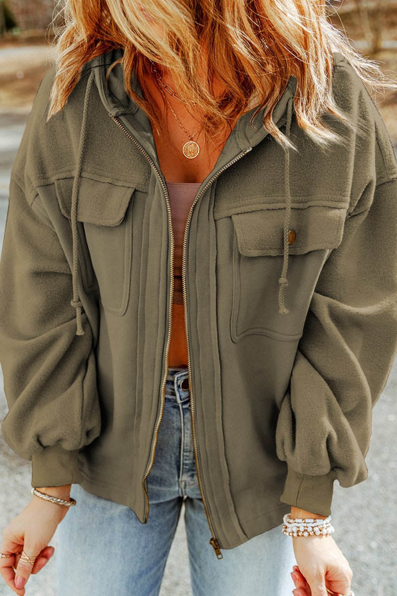 Zip - Up Drawstring Hooded Jacket - Outerwear
