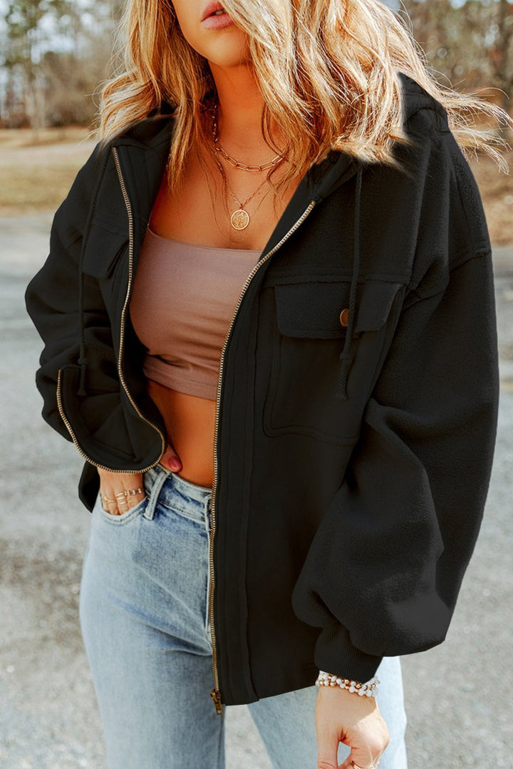 Zip - Up Drawstring Hooded Jacket - Outerwear