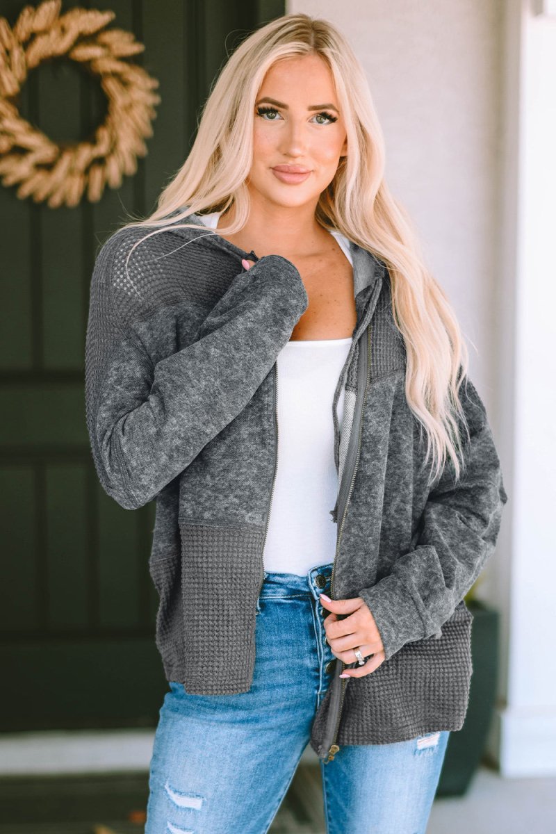 Zip - Up Drawstring Hooded Jacket - Outerwear