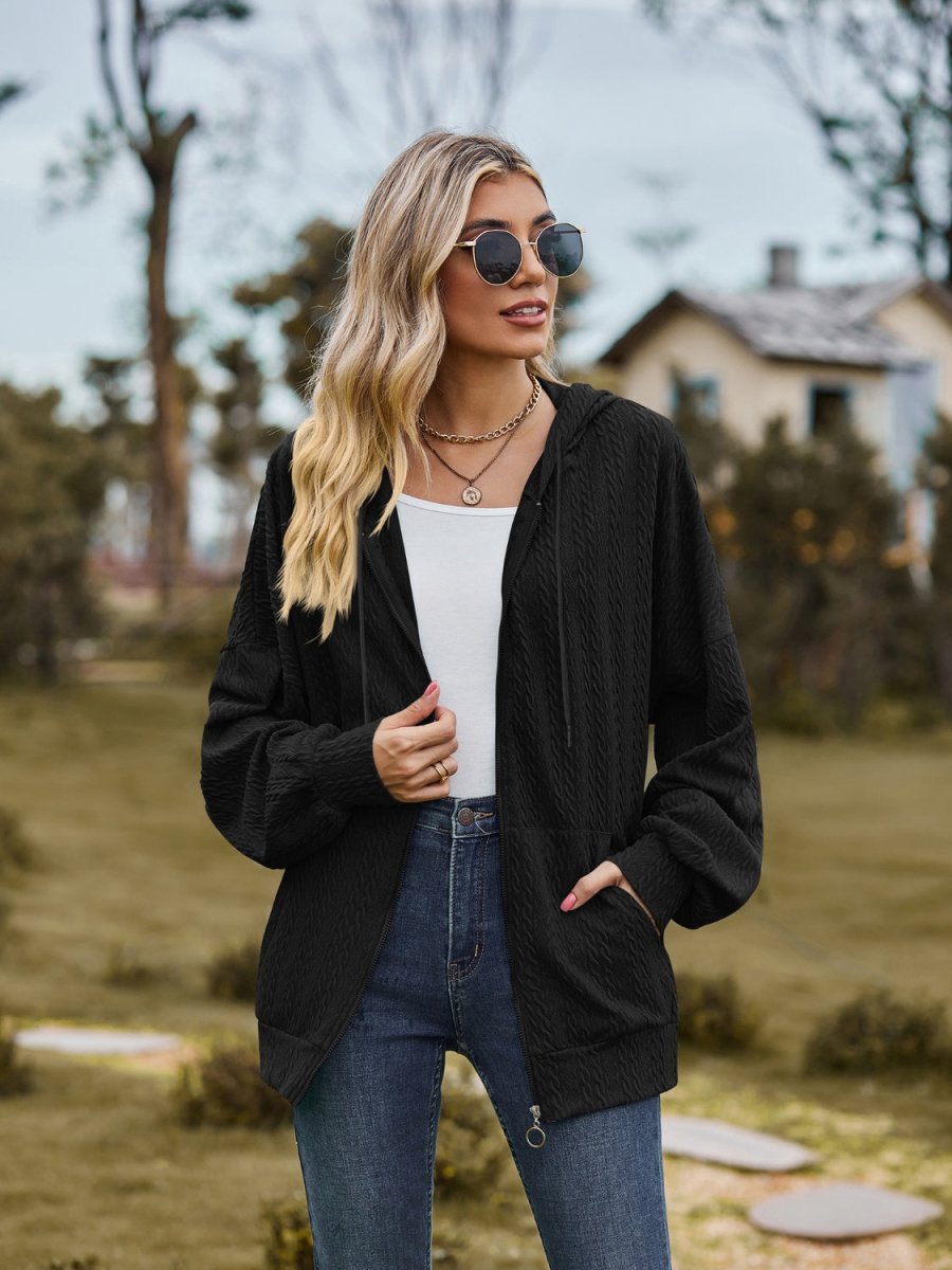 Zip Up Drawstring Long Sleeve Hooded Jacket - Outerwear