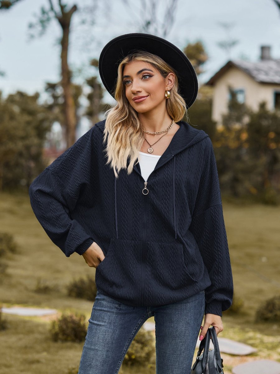 Zip Up Drawstring Long Sleeve Hooded Jacket - Outerwear