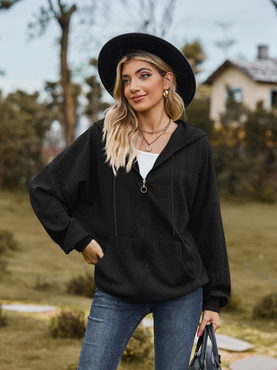 Zip Up Drawstring Long Sleeve Hooded Jacket - Outerwear