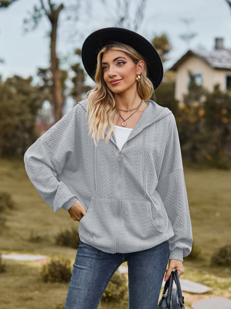 Zip Up Drawstring Long Sleeve Hooded Jacket - Outerwear