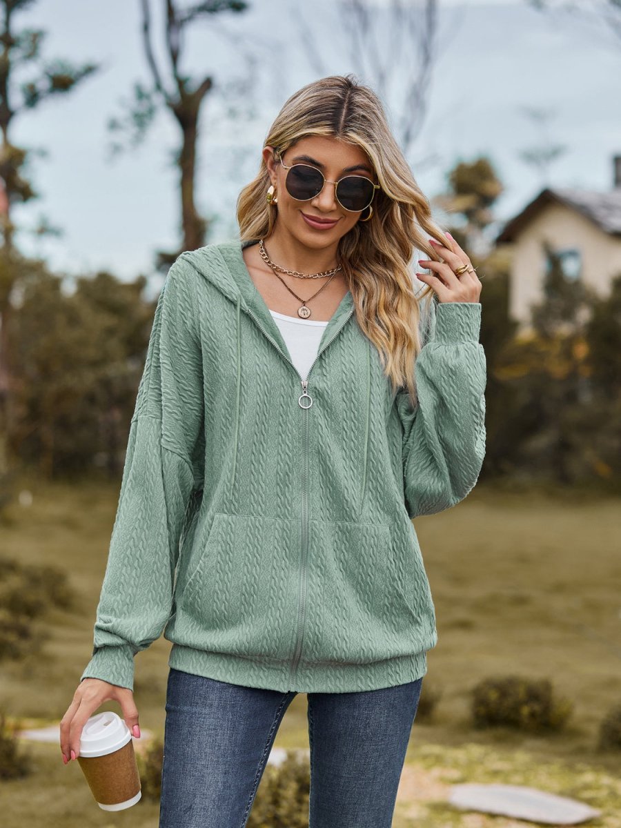 Zip Up Drawstring Long Sleeve Hooded Jacket - Outerwear