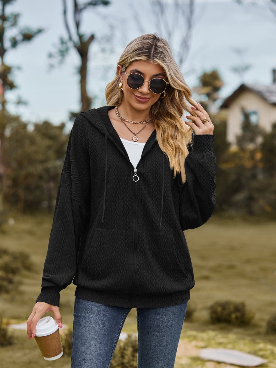 Zip Up Drawstring Long Sleeve Hooded Jacket - Outerwear