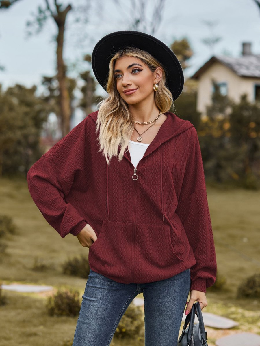 Zip Up Drawstring Long Sleeve Hooded Jacket - Outerwear