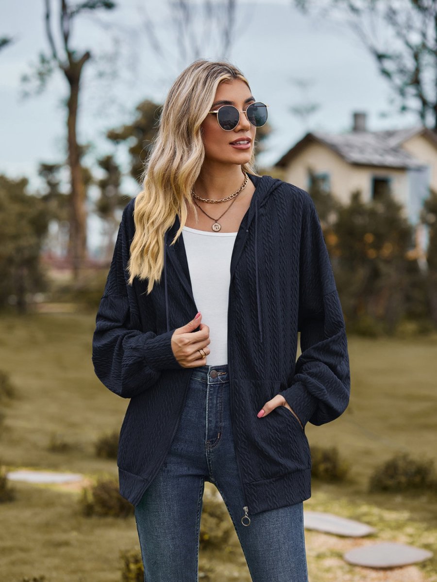 Zip Up Drawstring Long Sleeve Hooded Jacket - Outerwear
