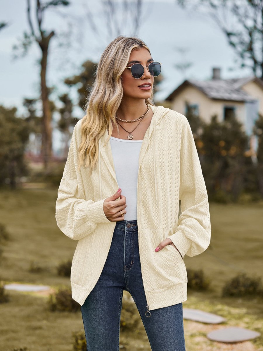 Zip Up Drawstring Long Sleeve Hooded Jacket - Outerwear