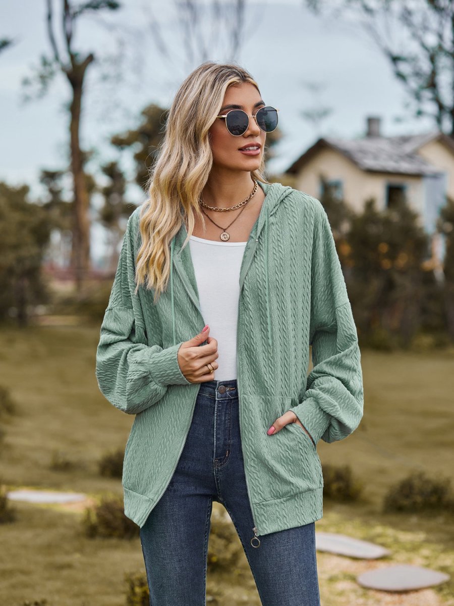 Zip Up Drawstring Long Sleeve Hooded Jacket - Outerwear