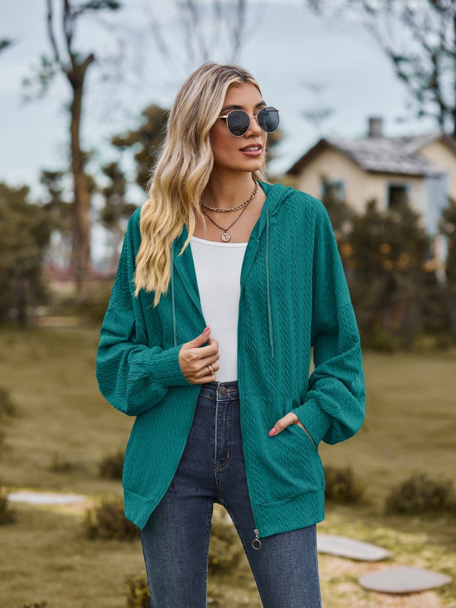 Zip Up Drawstring Long Sleeve Hooded Jacket - Outerwear