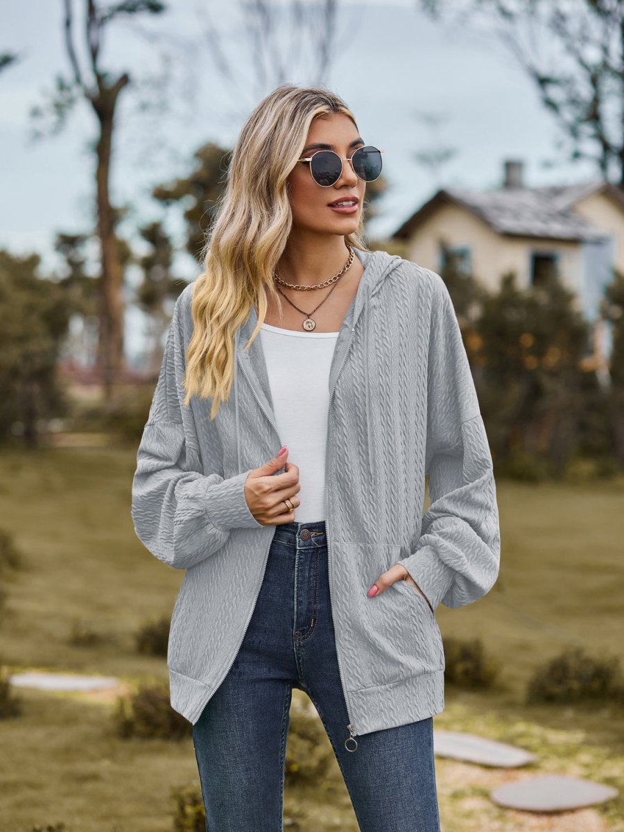 Zip Up Drawstring Long Sleeve Hooded Jacket - Outerwear