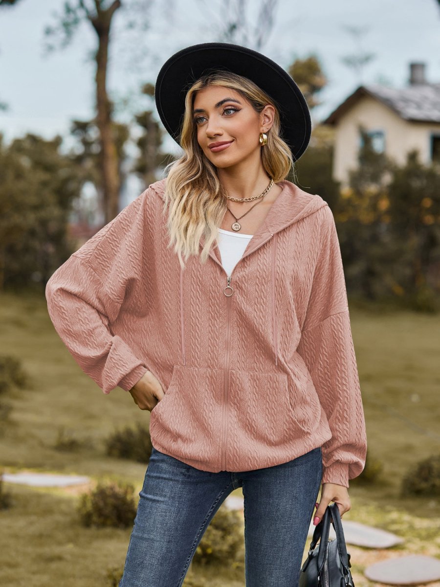 Zip Up Drawstring Long Sleeve Hooded Jacket - Outerwear