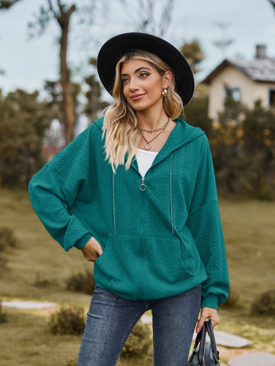 Zip Up Drawstring Long Sleeve Hooded Jacket - Outerwear