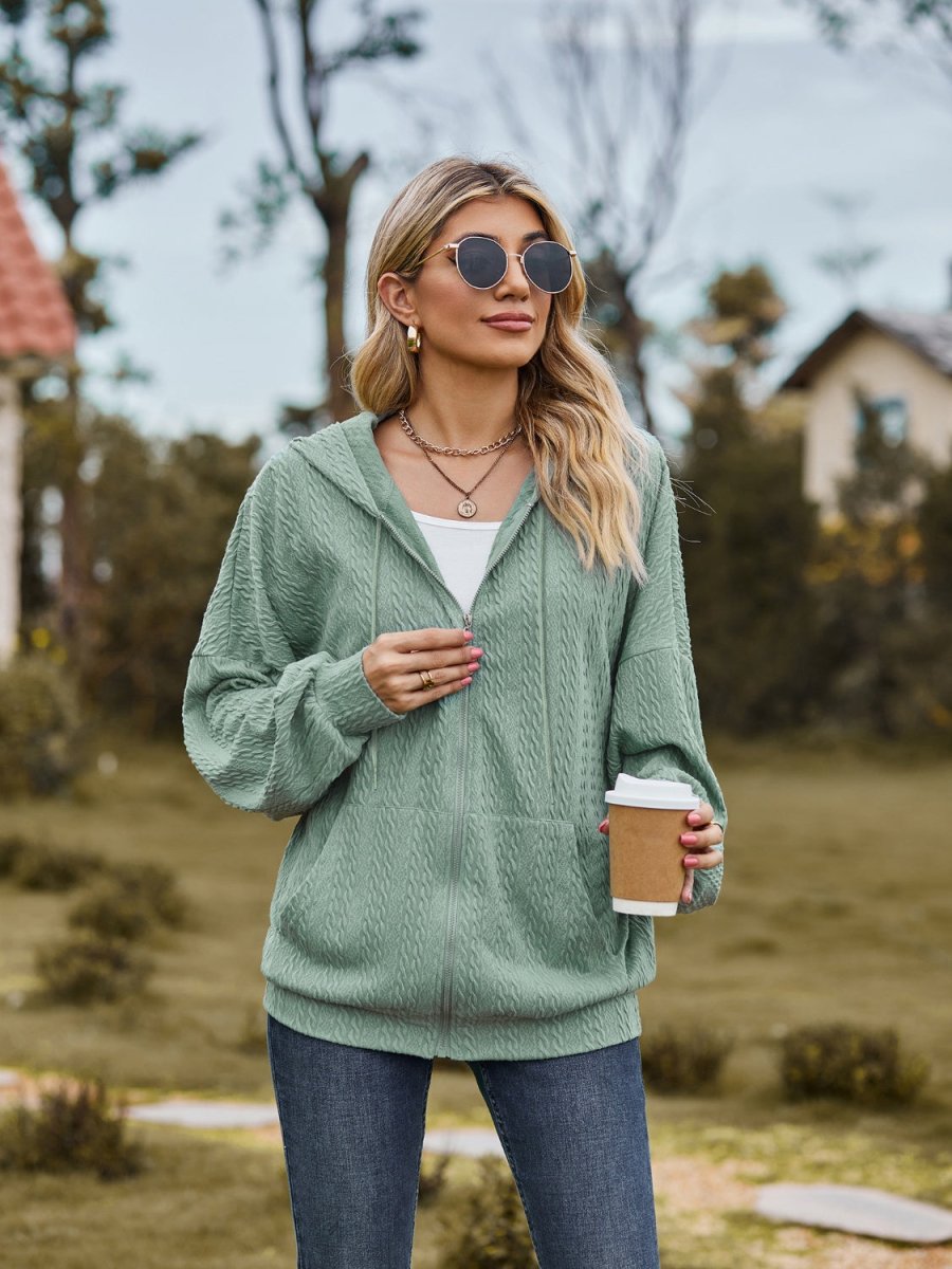 Zip Up Drawstring Long Sleeve Hooded Jacket - Outerwear