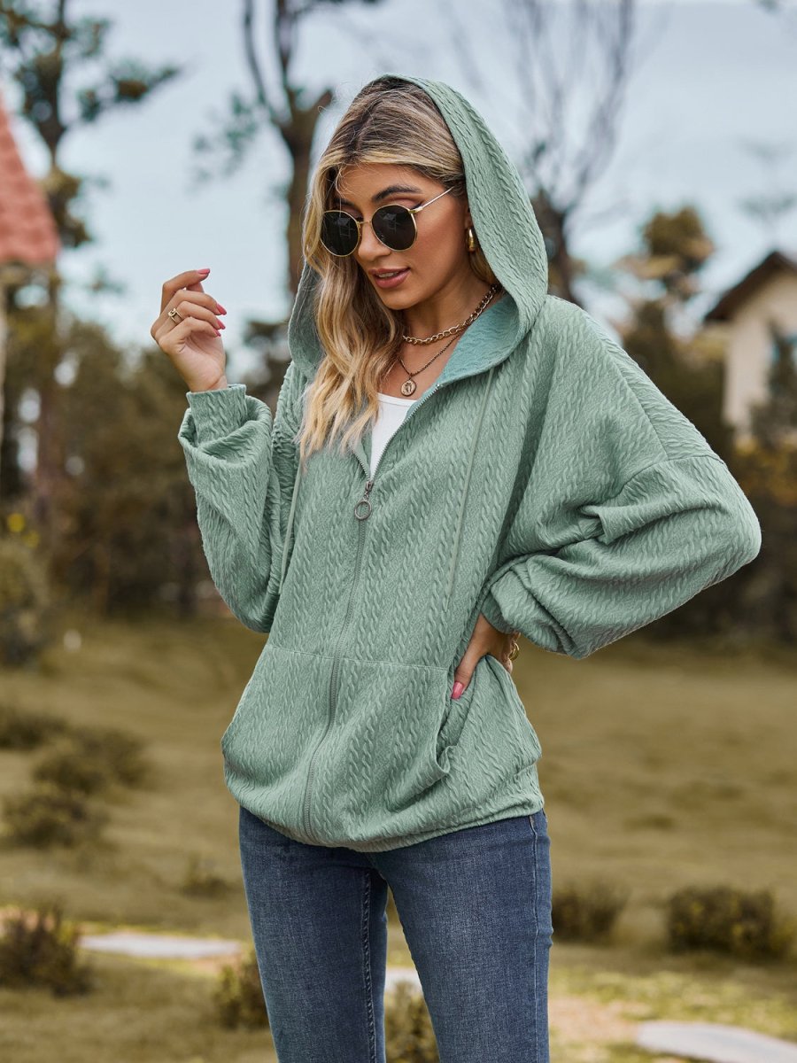 Zip Up Drawstring Long Sleeve Hooded Jacket - Outerwear