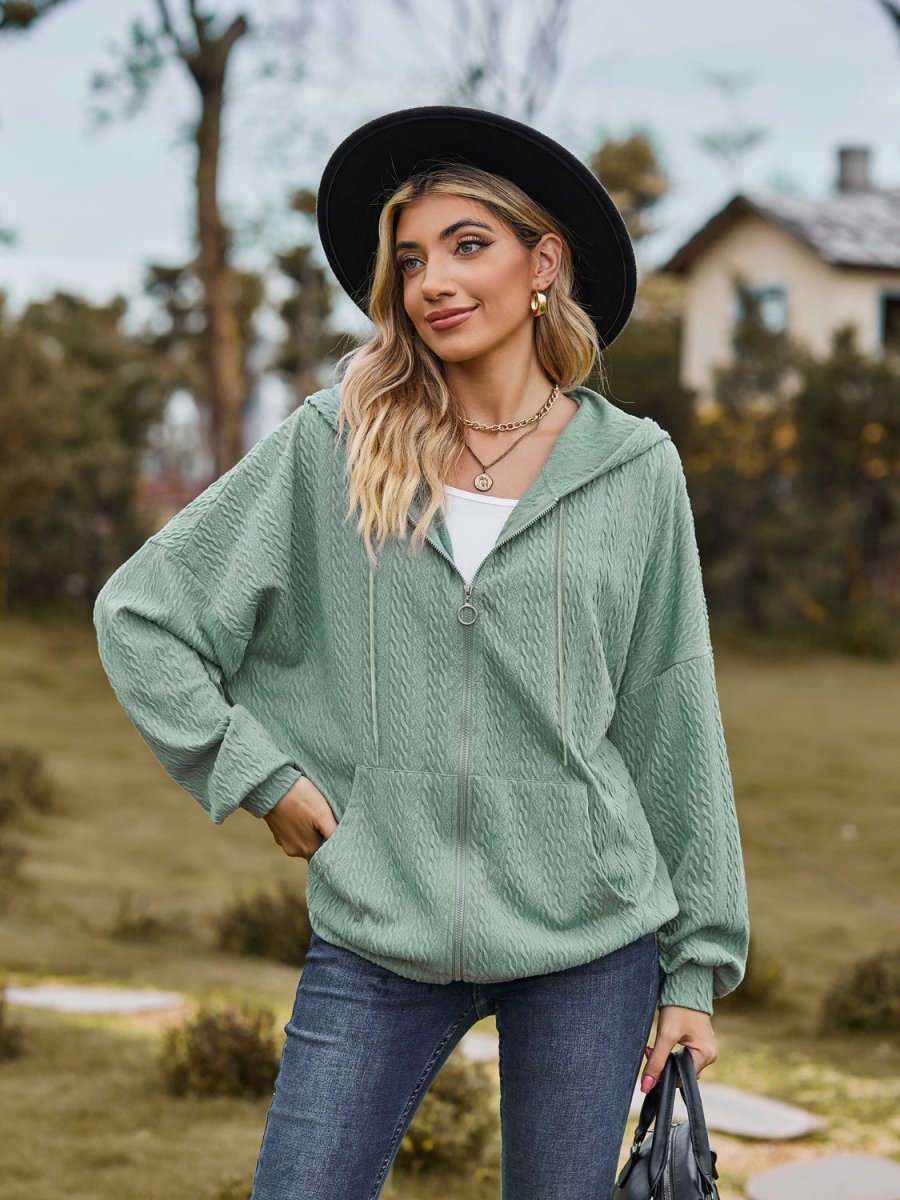 Zip Up Drawstring Long Sleeve Hooded Jacket - Outerwear