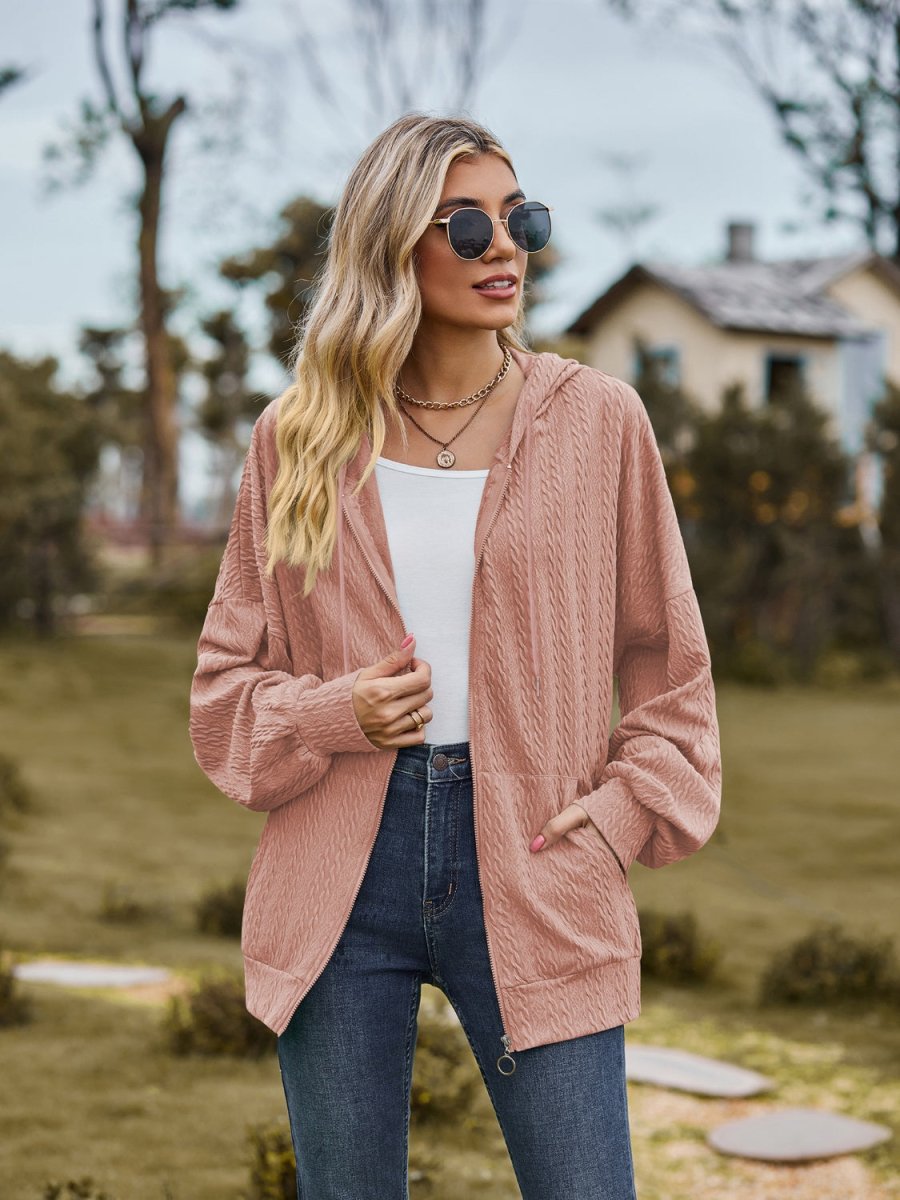 Zip Up Drawstring Long Sleeve Hooded Jacket - Outerwear