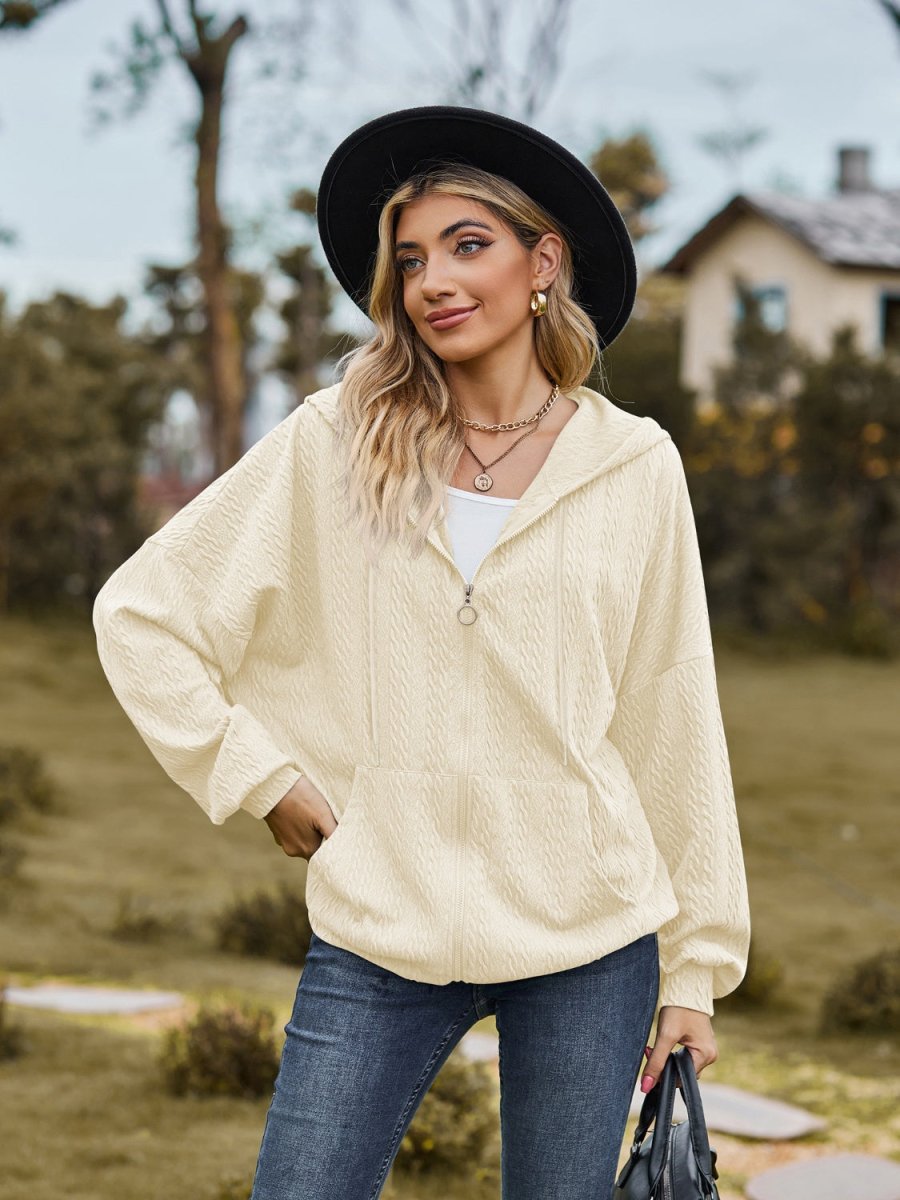 Zip Up Drawstring Long Sleeve Hooded Jacket - Outerwear