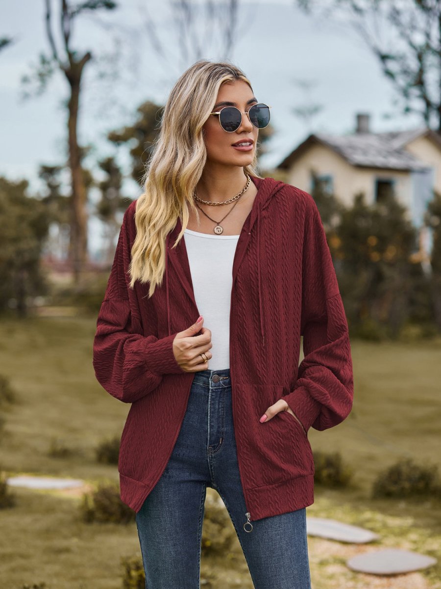 Zip Up Drawstring Long Sleeve Hooded Jacket - Outerwear