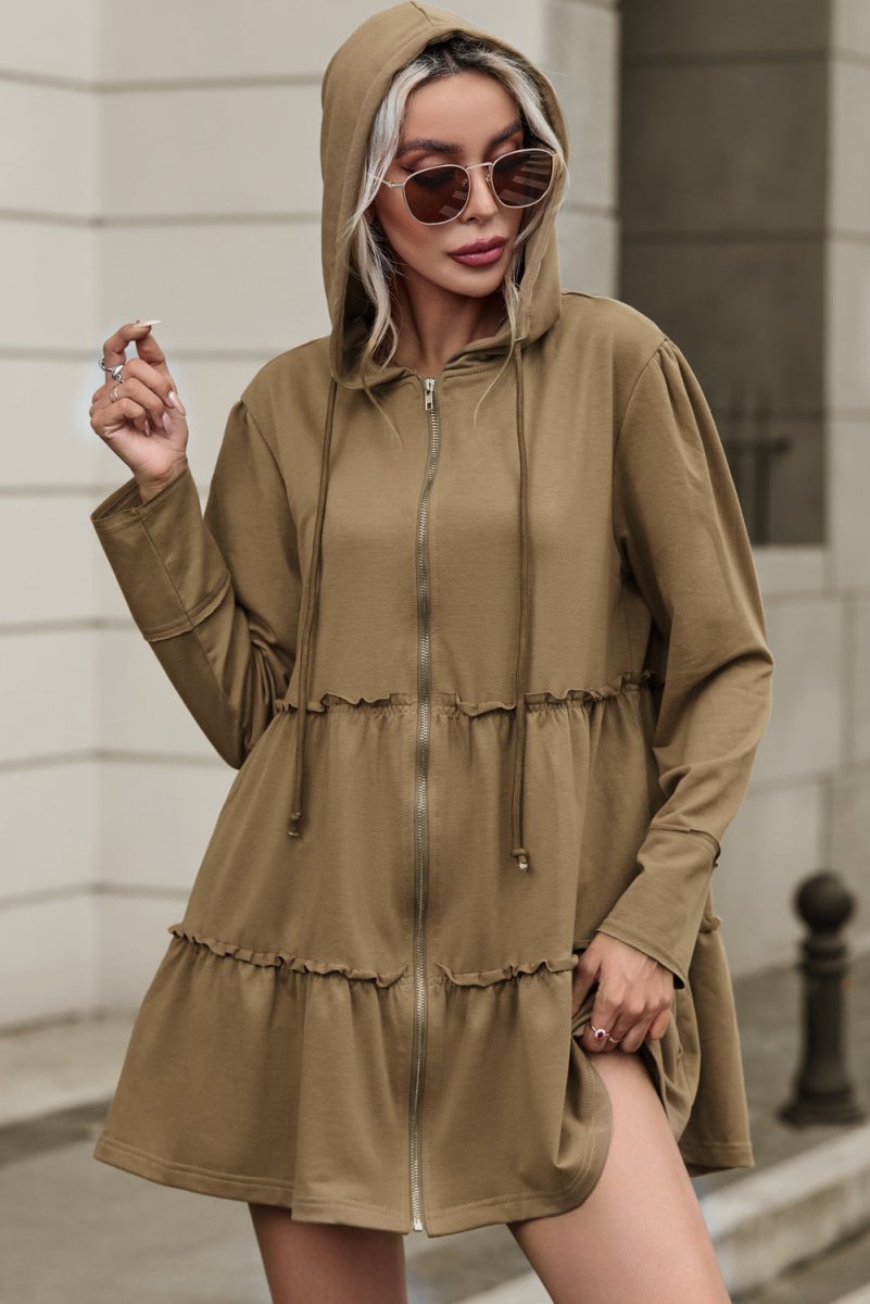 Zip Up Frill Drawstring Hooded Jacket - Outerwear